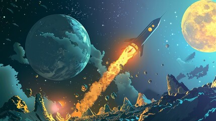 Bitcoins journey through the digital horizon is driven by technologys rocket propelling it to the stars - obrazy, fototapety, plakaty