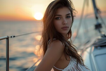Woman watching sunset from yacht