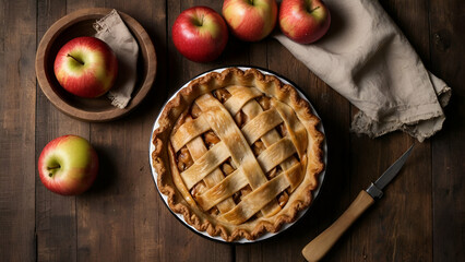 Homemade apple pie with fresh apples on a rustic background. generative.ai