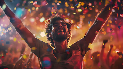 A jubilant winner raises his arms in triumph, a radiant smile lighting up his face as he basks in the glory of his victory - obrazy, fototapety, plakaty