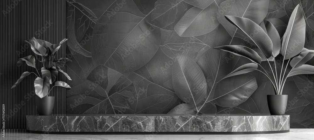 Poster black stone podium on abstract background for product showcase in studio setting with 3d design.