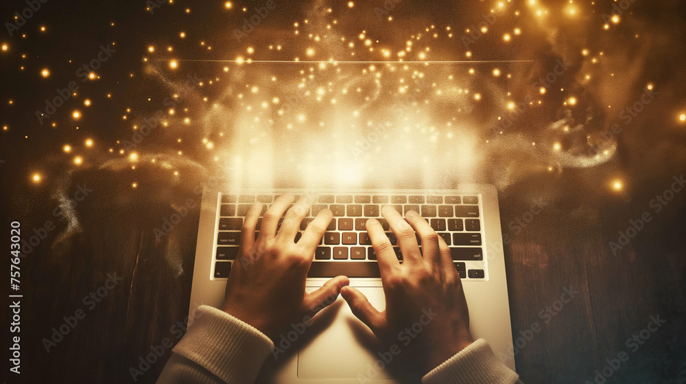 Poster top view of businessman hand working with modern technology and digital layer effect as business str