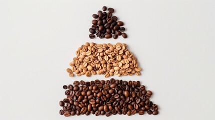 On a neutral background a selection of coffee beans divide into parts. Coffee beans of different qualities in top view on light background.
