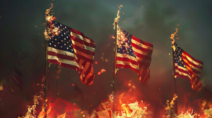 Flames of Dissent: American Flags Burning in Protest - obrazy, fototapety, plakaty