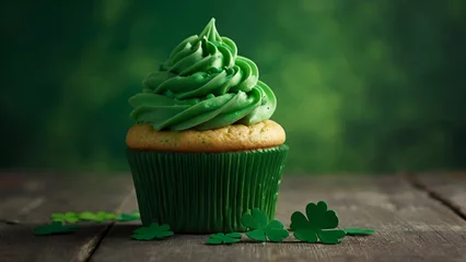 Fotobehang Decorated green cupcakes with cream and icing on blurred background. Food for holidays, birthday, weeding . St. Patrick's Day. Cafe, recipe, menu concept. Card, poster, banner. generative.ai © ARSHAD