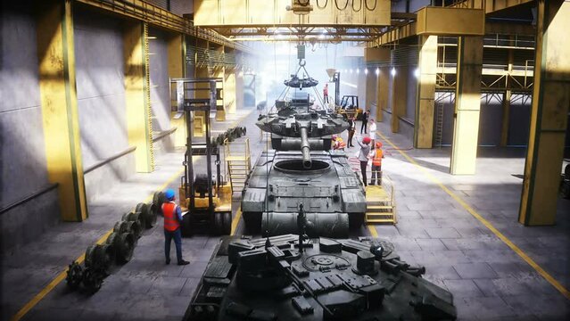 Production of military russian battle tank T 90 at the factory. Military factory weapon. Realistic 4k animation.