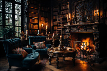 old book library with a fireplace - obrazy, fototapety, plakaty