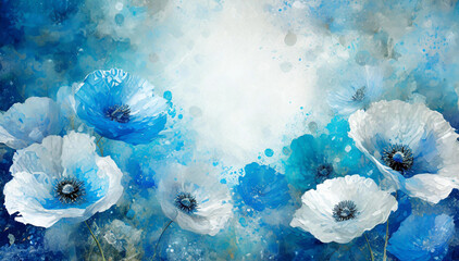 Tapeta niebieskie i białe kwiaty maki - obrazy, fototapety, plakaty