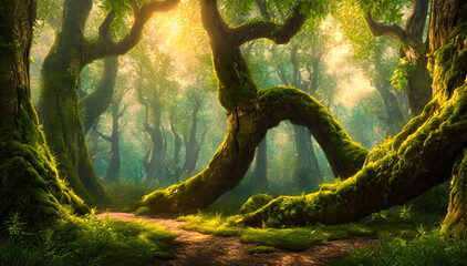 Leśny krajobraz, drzewa w mchu