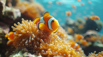 Detailed image of anemone fish swimming at the seabed
