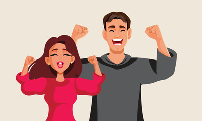 Happy Couple Celebrating Feeling Excited Together Vector Cartoon Illustration. Successful boyfriend and girlfriend saying yes to marriage and commitment 
