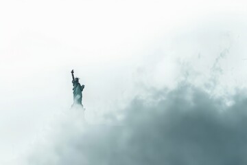 Inpirational statue of liberty united states of America in dramatic white background abstract professional photo, with clouds surrounding it, far way