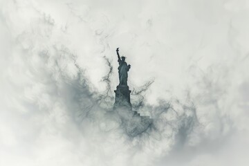 Obraz na płótnie Canvas Inpirational statue of liberty united states of America in dramatic white background abstract professional photo, with clouds surrounding it, far way