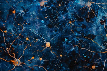 Abstract neurology medical background with human brain neurons. - obrazy, fototapety, plakaty