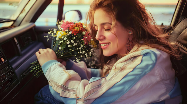 Girl in car with bundle of flowers vintage photo 