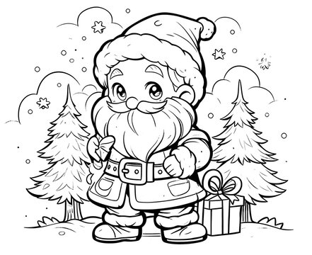 Coloring book for children, Santa Claus with gifts.