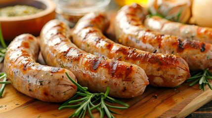 Delicious barbecue dinner with grilled sausages on table, clean and tidy scene in realistic style - obrazy, fototapety, plakaty