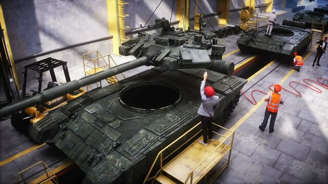 Production of military russian battle tank T 90 at the factory. Military factory weapon. Realistic 4k animation.
