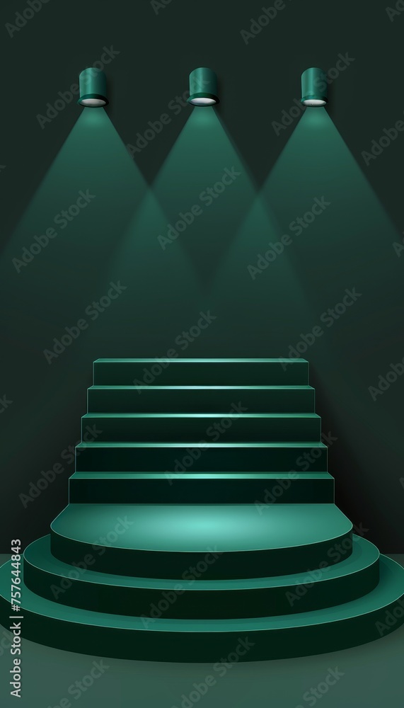 Poster dark green podium stage platform with spotlight for product display in abstract studio setting