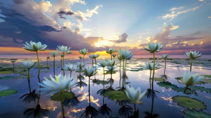 Foto op Canvas Serene Sunset Lake with Blooming Lotus Flowers © NewaysStock