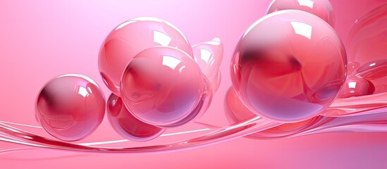 Fluid pink spheres suspended in midair against a pink backdrop, resembling liquid bubbles. The transparent material creates a dreamy, macro photography effect reminiscent of glass serveware