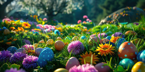 Fototapeta na wymiar Easter Egg Hunt Extravaganza: Searching for Colorful Eggs Hidden Amongst Blooming Flowers and Lush Green Grass in a Vibrant Spring Garden