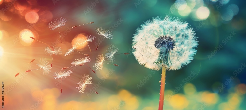 Poster dandelion seed drifting in the wind, creating a serene scene with space for text placement