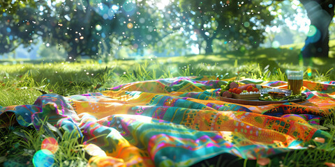 Summer Picnic in the Park: Spreading Out a Colorful Blanket, Enjoying Delicious Snacks, and Soaking Up the Warm Sunshine