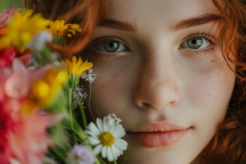 Freckled girl among flowers, close-up of eyes