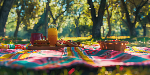 Fototapeta premium Summer Picnic in the Park: Spreading Out a Colorful Blanket, Enjoying Delicious Snacks, and Soaking Up the Warm Sunshine