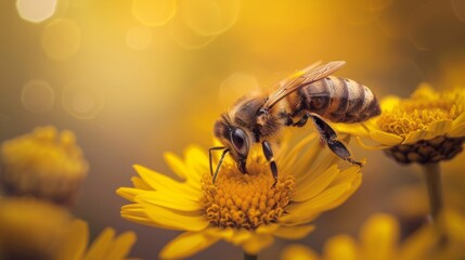 Bee Pollinating Yellow Daisy Close-Up Image - obrazy, fototapety, plakaty