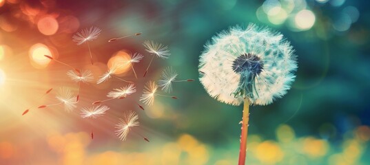 Dandelion seed drifting in the wind, creating a serene scene with space for text placement - obrazy, fototapety, plakaty