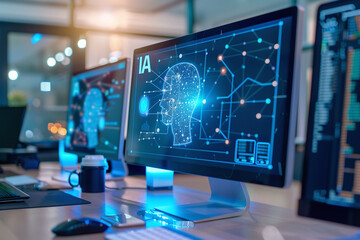 Fototapeta premium AI Analytics Technology on Multiple Monitors in Modern Office