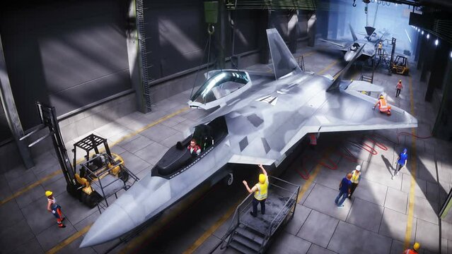 Production of military fighter jet f 22 raptor at the factory. Military factory weapon. Realistic 4k animation.