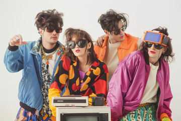 Vibrant Retro Fashion Group from the 80s at a Vintage TV Set