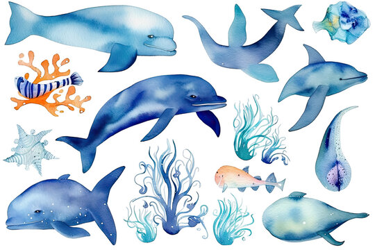 color sea sea beach seashells set shells animals dolphins Watercolor blue starfish Dugong stingrays