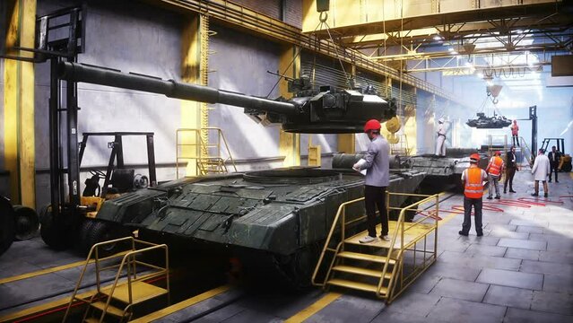 Production of military russian battle tank T 90 at the factory. Military factory weapon. Realistic 4k animation.