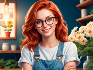 Redhead woman gardener in flower shop.