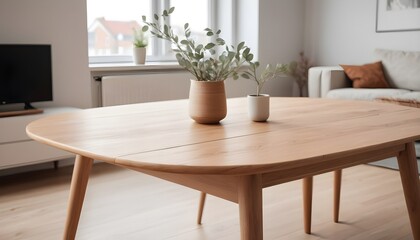 Fototapeta na wymiar Minimal Scandinavian contemporary empty wooden table with sunlight. Simplistic Home office, Cafe, office and librar