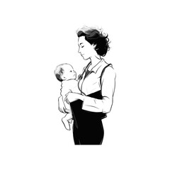 female pediatrician with baby, thin black line drawing, minimalism, on a white background
