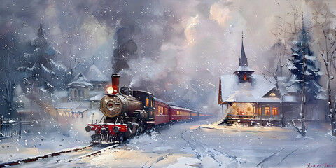  steam locomotive on the background of the winter landscape train wagon subway station post apocalypse landscape. - obrazy, fototapety, plakaty
