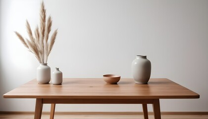 Minimal Scandinavian contemporary empty wooden table with sunlight. Simplistic Home office, Cafe, office and library	