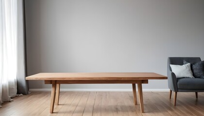 Minimal Scandinavian contemporary empty wooden table with sunlight. Simplistic Home office, Cafe, office and library