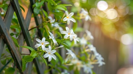 Delicate White Jasmine Flowers on Lattice Fence Close-up