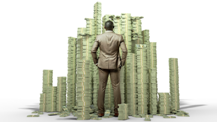 Rich African budinessman with hands in pocket standing and and facing huge stacks of US dollar notes. Business man looking at alot of piled bundles of money  isolated on transparent background