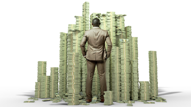 Rich African budinessman with hands in pocket standing and and facing huge stacks of US dollar notes. Business man looking at alot of piled bundles of money  isolated on transparent background - Powered by Adobe