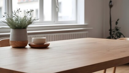 Minimal Scandinavian contemporary empty wooden table with sunlight. Simplistic Home office, Cafe, office and library	