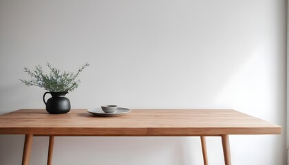 Minimal Scandinavian contemporary empty wooden table with sunlight. Simplistic Home office, Cafe, office and librar