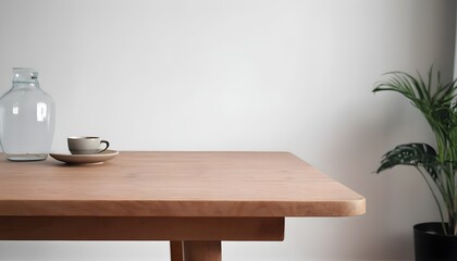 Obraz na płótnie Canvas Minimal Scandinavian contemporary empty wooden table with sunlight. Simplistic Home office, Cafe, office and librar