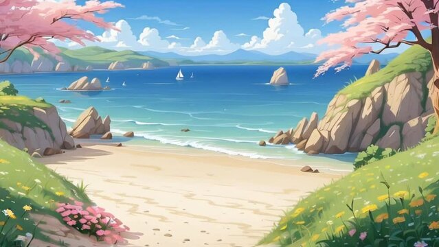 Vibrant spring landscape and beach holiday depicted in a lively anime-style animation, showcasing serene nature and joyful vacation vibes